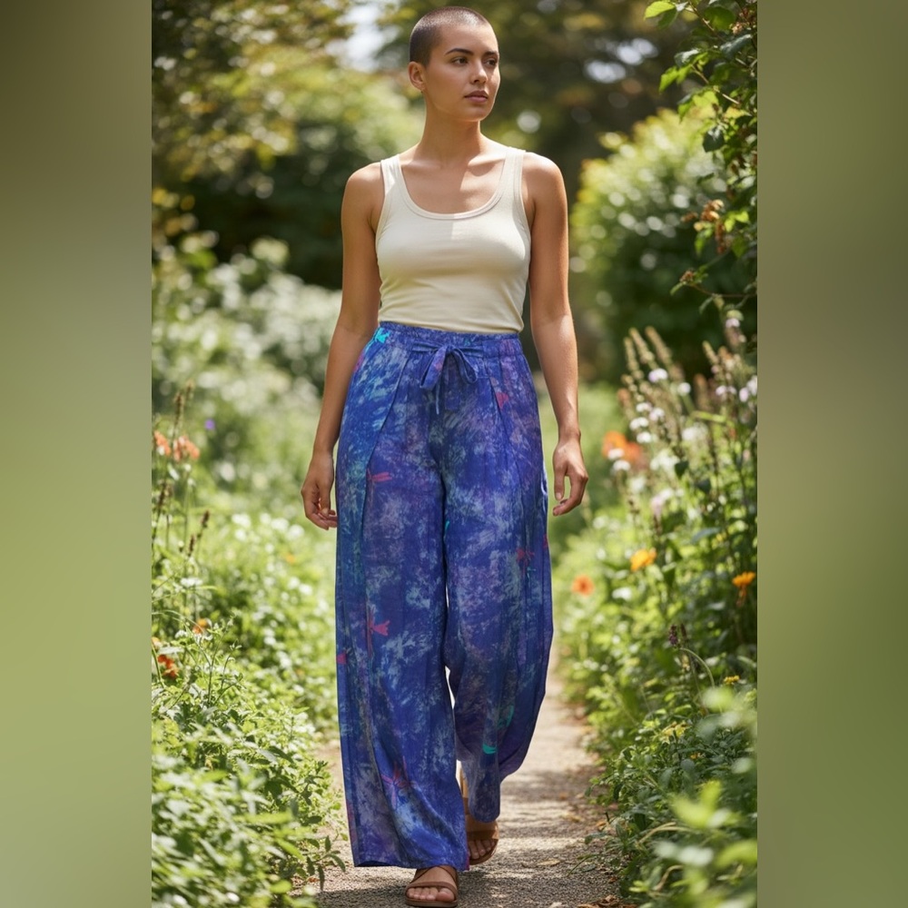 Gorgeous wrap pants in batik dragonflies